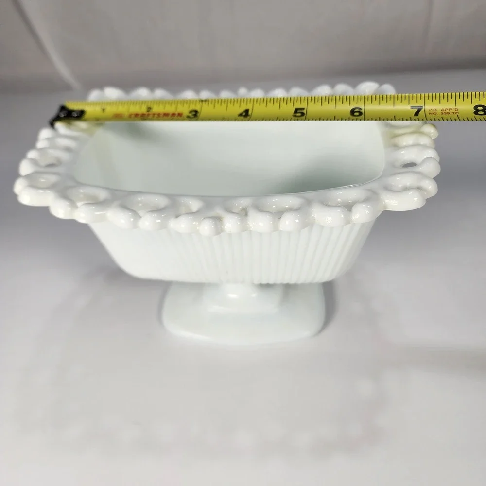 Vintage White Milk Glass Pedestal Bowl Open Lace Edge Ribbed Candy Dish Planter